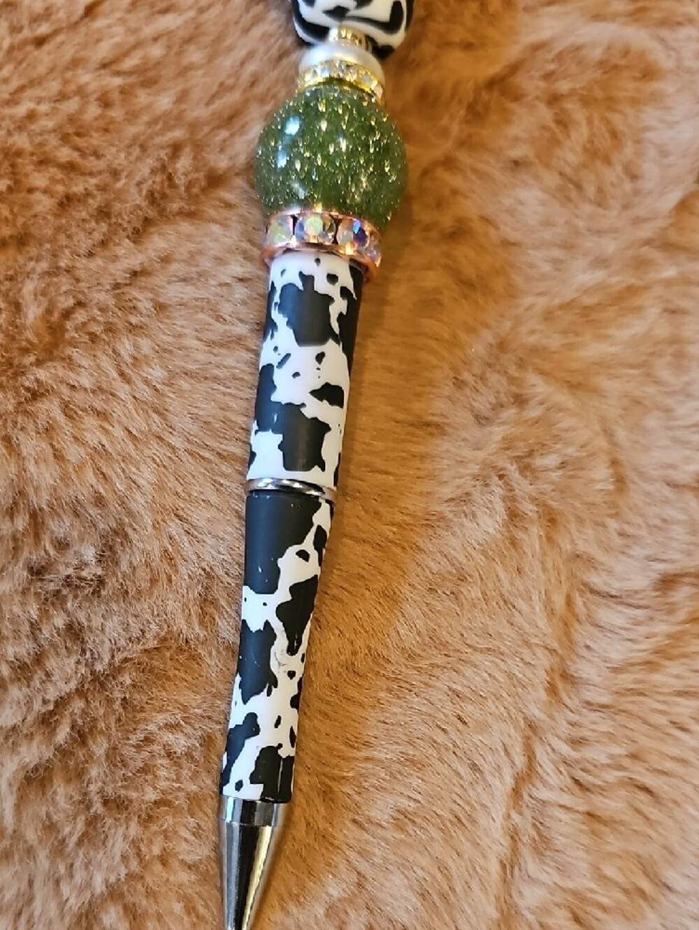 Coffee Green & Black Cowprint Glitter Beaded Pen - Picture 5 of 5